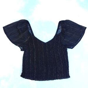 Black Short Sleeve Blouse, Dressy Blouse With Silver Pinstripe & Puff Sleeves